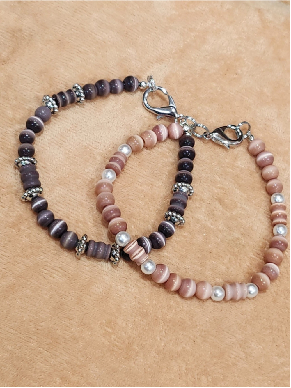 2 Beaded Anklets 9"-10" Pink Purple